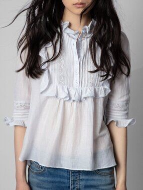 NWT $328 Zadig & Voltaire TIX Ciel Blue Pleated Lace Trim Button Blouse Top